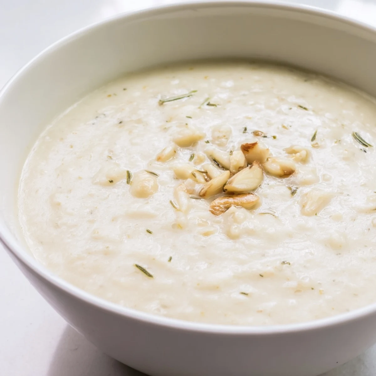 Close-up of a spoon dipping into Rosemary and Roasted Garlic White Bean Soup, revealing its velvety, chunky texture.