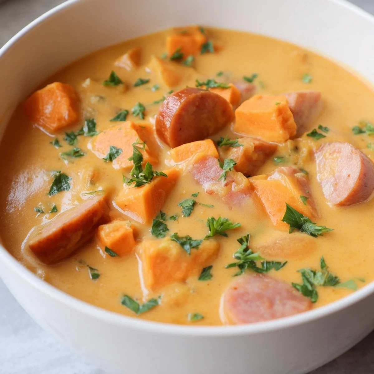 Creamy sweet potato and sausage soup with velvety orange broth, tender sausage slices, and fresh parsley garnish