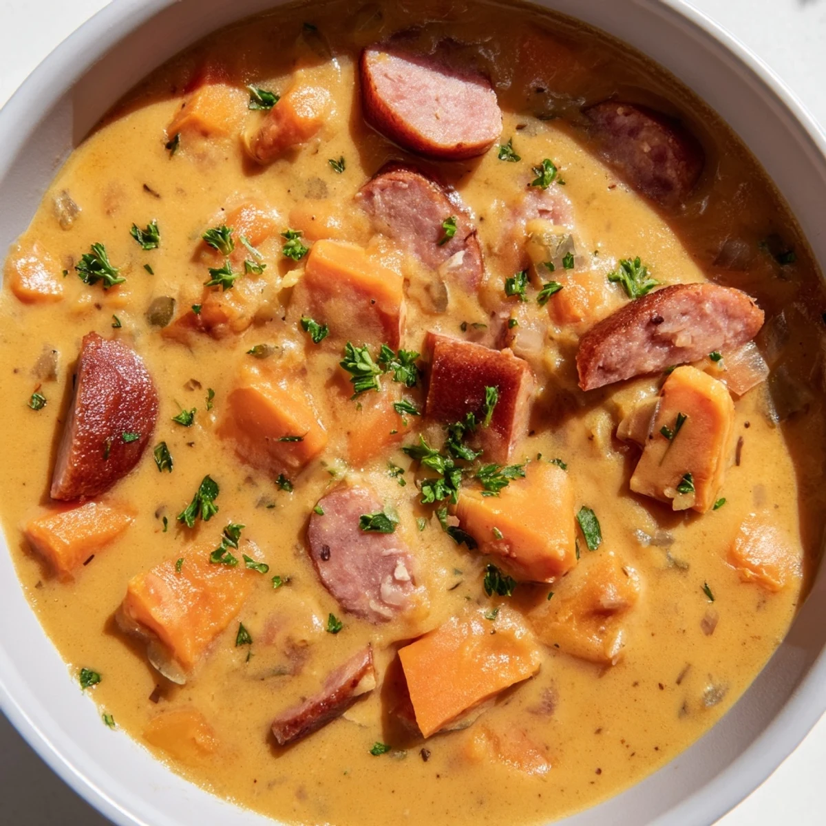 Hearty Creamy Sweet Potato and Sausage Soup ladled into rustic bowls, ready to serve with gluten-free bread