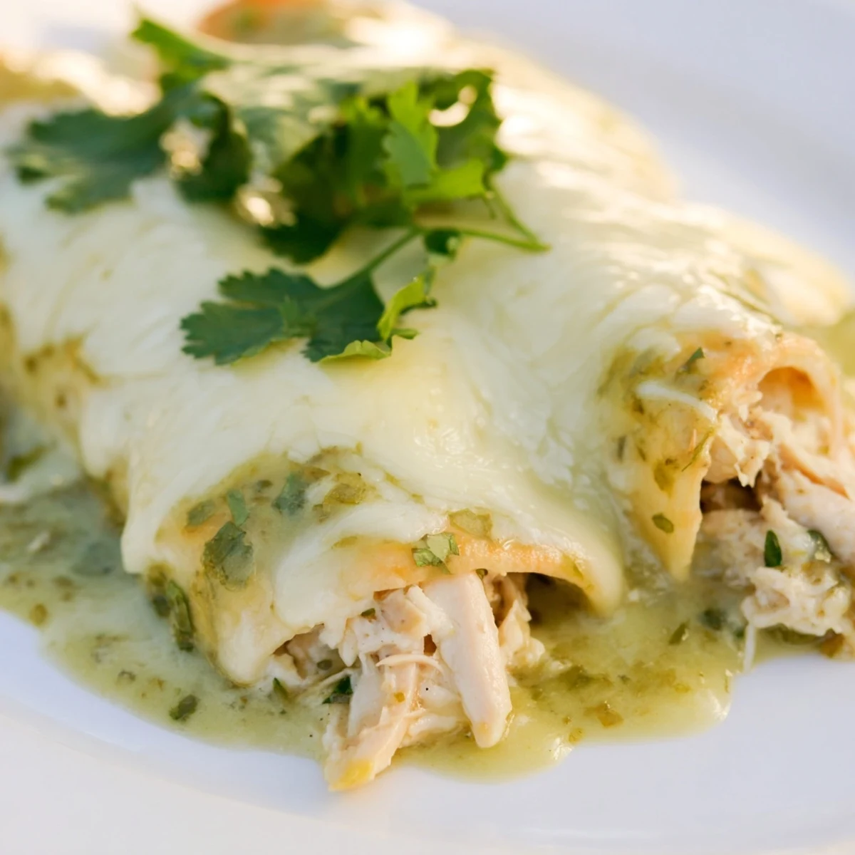 Freshly baked Green Enchiladas With Chicken sit in a ceramic dish, topped with melted cheese and cilantro.