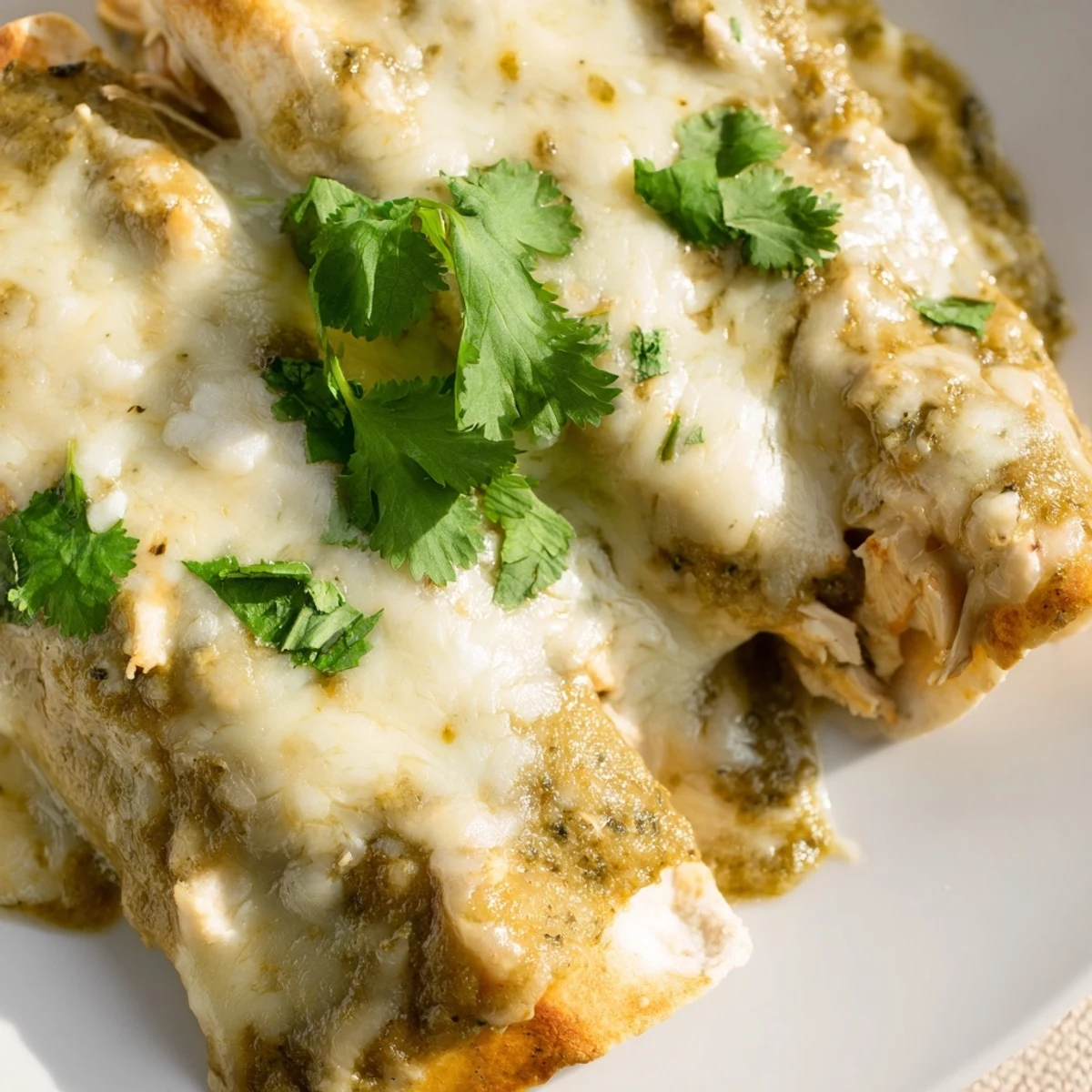 Serving suggestion for Green Enchiladas With Chicken garnished with sour cream and avocado slices on a rustic table.
