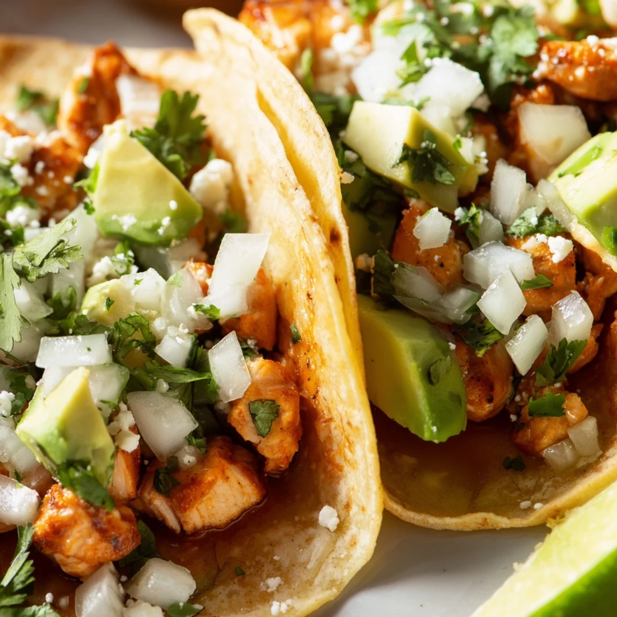 Golden brown chicken pieces topped with diced onion and avocado slices on soft corn tortillas.