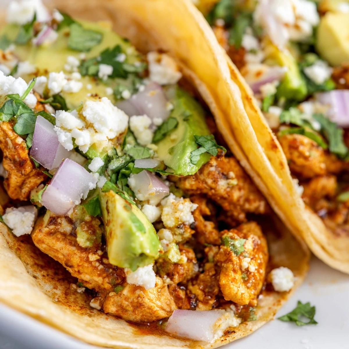 A close view of authentic Chicken Street Tacos served with lime wedges and crumbled cotija cheese.