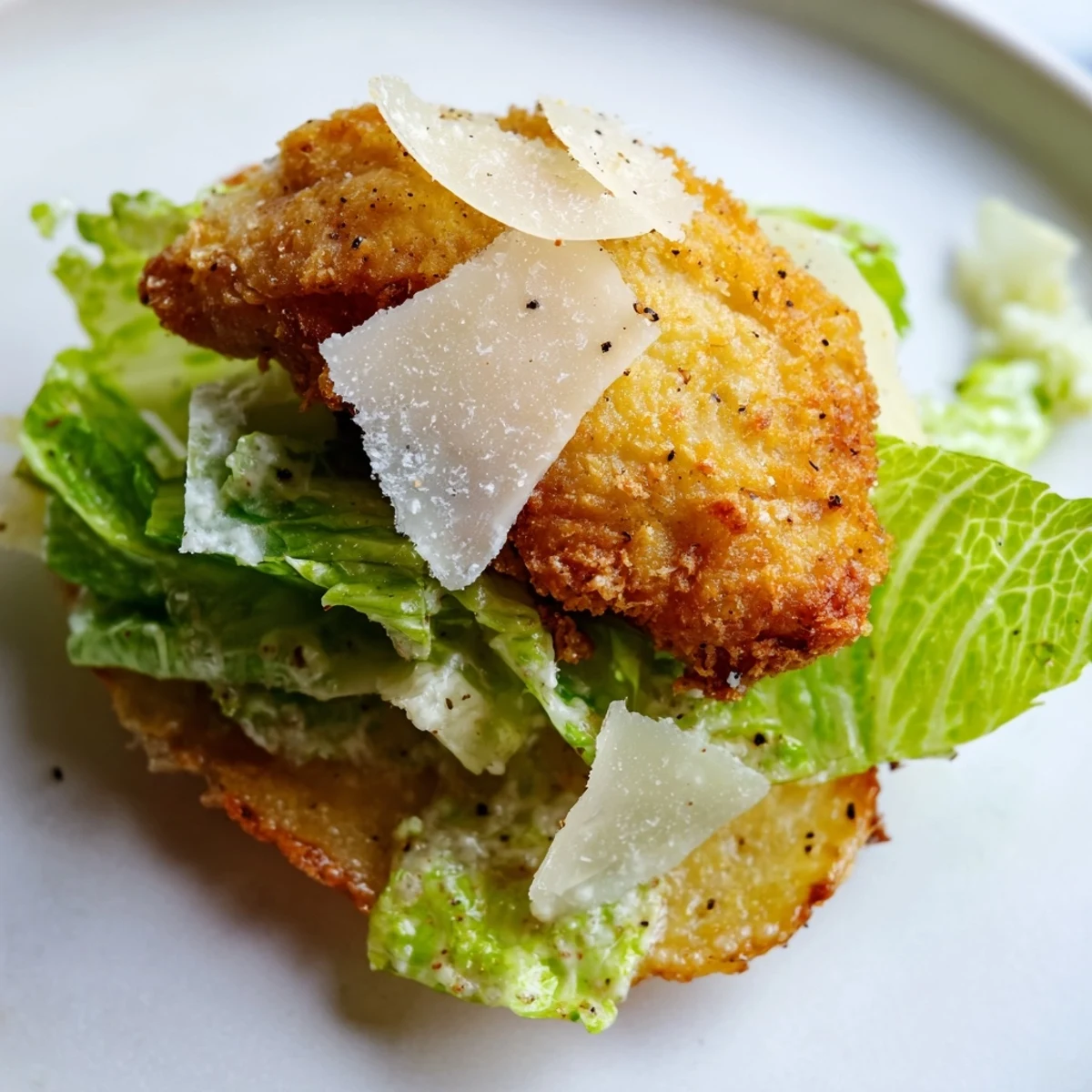Freshly fried chicken strips sit atop baked chips in this Crispy Chicken Caesar Salad appetizer, garnished with lemon wedges.