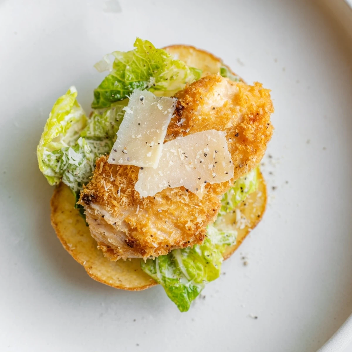 A close-up of the Crispy Chicken Caesar Salad Chips showing crispy chicken pieces, shredded lettuce, and shaved parmesan.