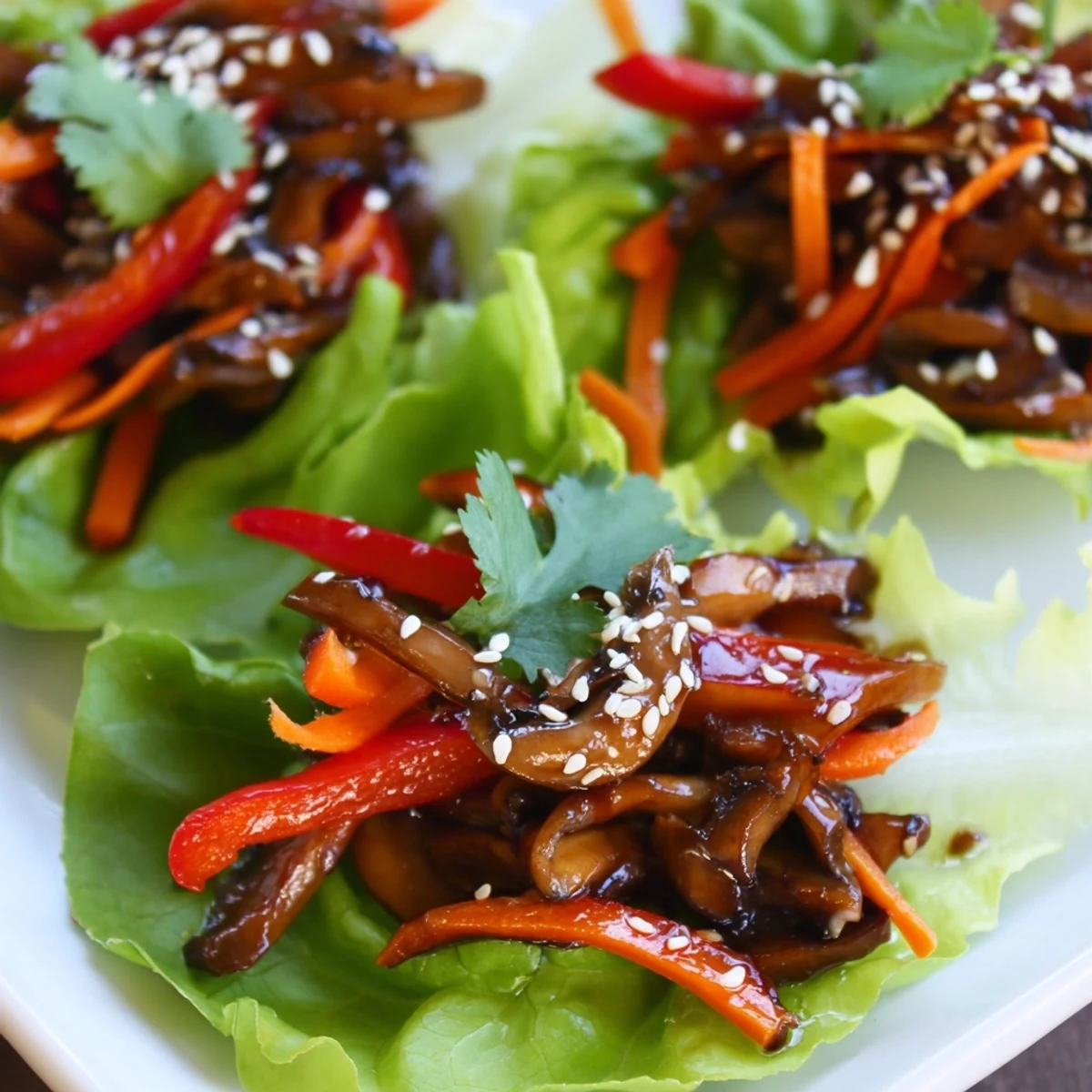 Freshly sautéed shiitake mushroom lettuce wraps with crisp vegetables and sesame seeds.