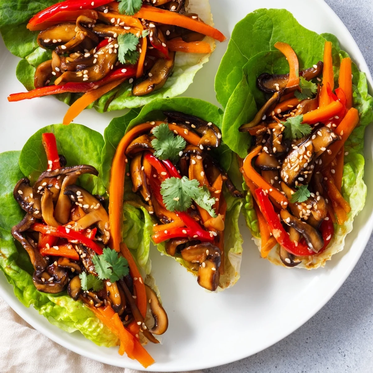 Delicate butter lettuce cups filled with savory Asian-style shiitake mushroom mixture ready to serve.