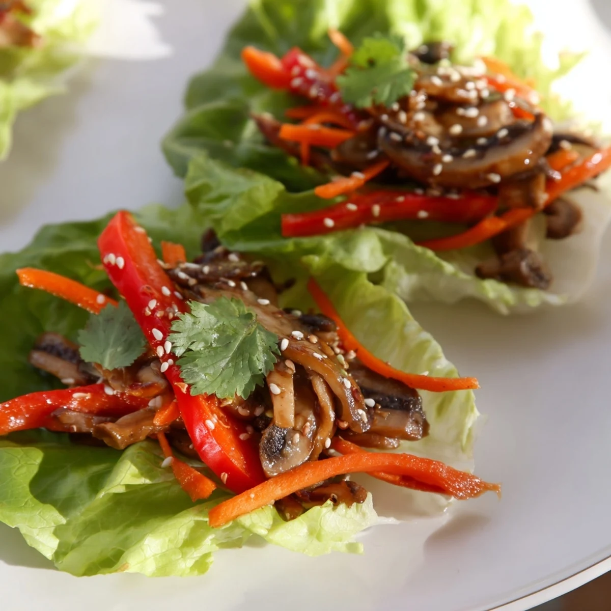 Hearty shiitake mushroom lettuce wraps garnished with cilantro and sesame seeds on a plate.