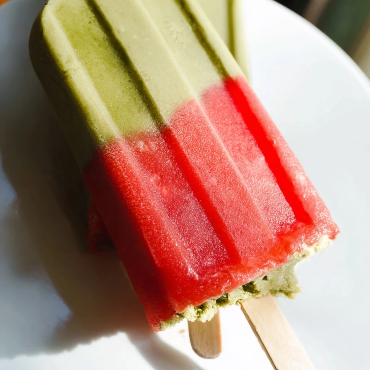 Vibrant red and green layered popsicle on a wooden table showing creamy Strawberry Matcha Latte Popsicles garnished with fresh mint and sliced strawberries.
