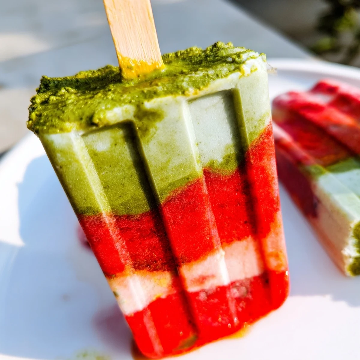 A close-up view of homemade Strawberry Matcha Latte Popsicles held in hand against a sunny summer patio background, dripping with sweet strawberry puree.
