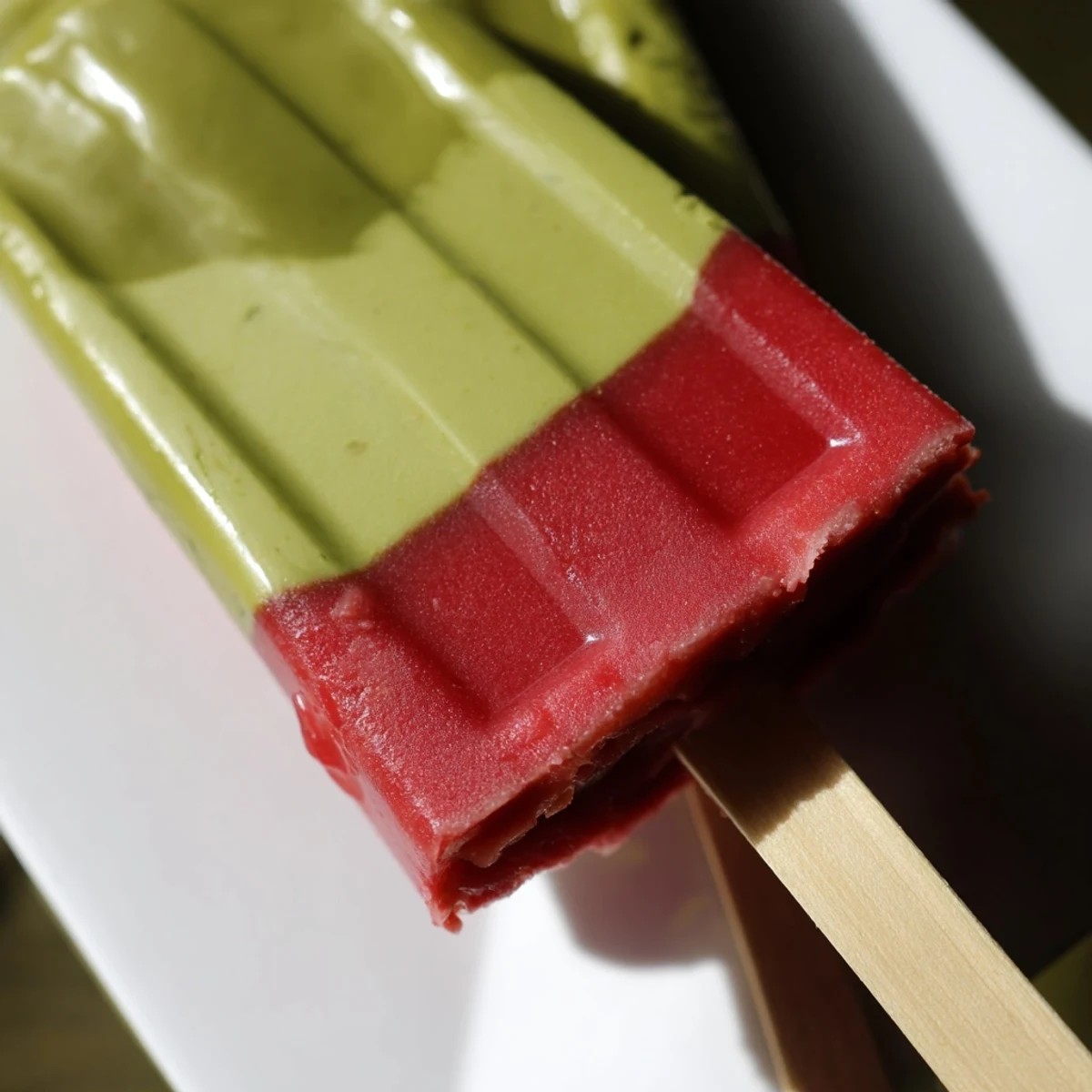 Detailed shot of creamy Strawberry Matcha Latte Popsicles resting on a white plate with a bowl of fresh strawberries and matcha powder nearby.