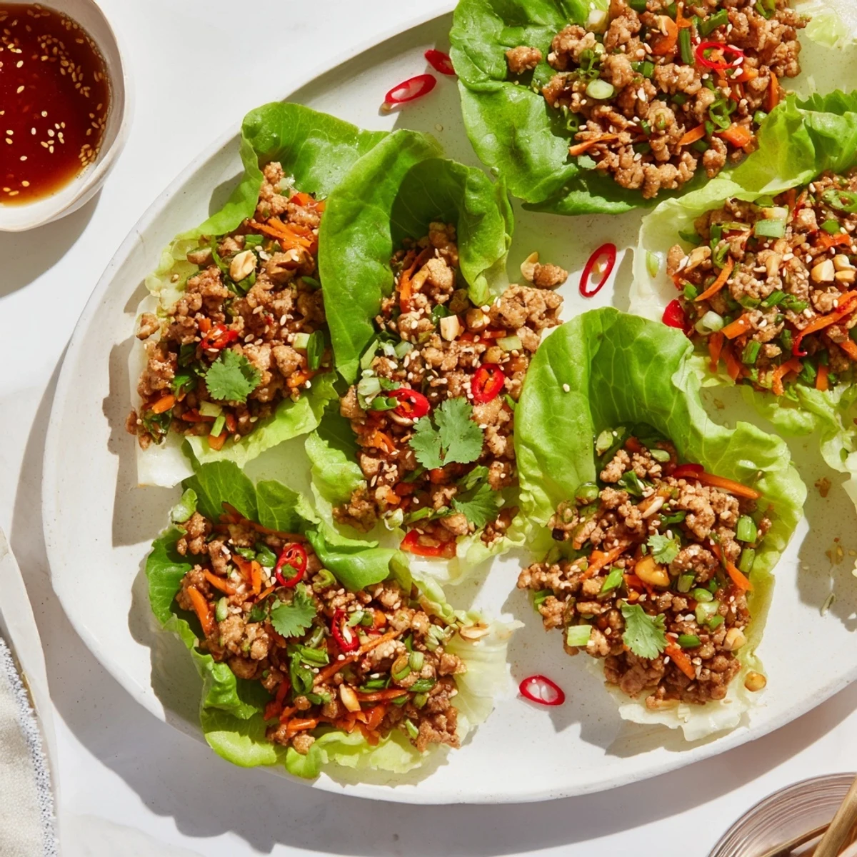 Freshly cooked Potsticker Chicken Lettuce Boats filled with savory ground chicken and crisp vegetables.