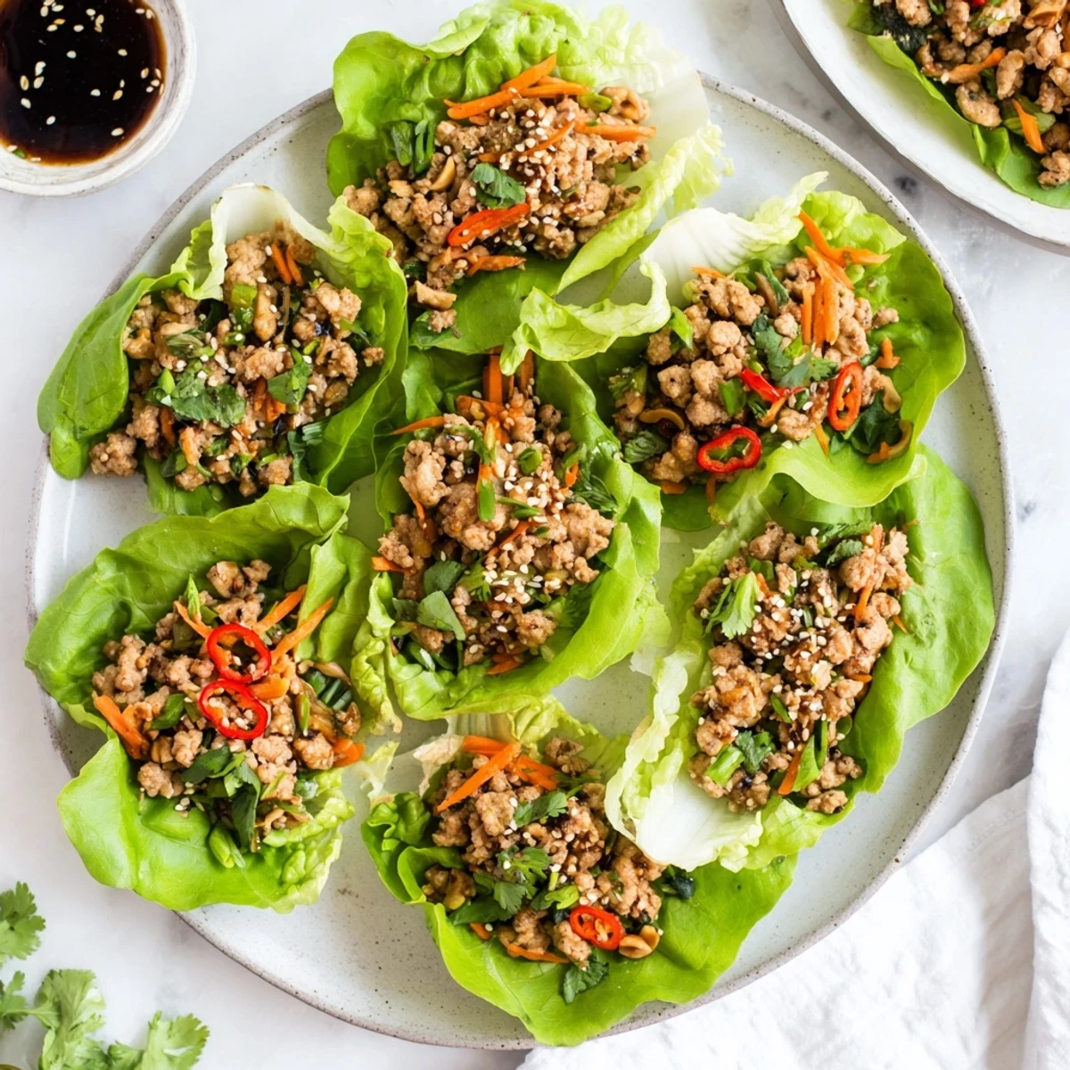 Potsticker Chicken Lettuce Boats are garnished with sesame seeds and cilantro on a white plate.