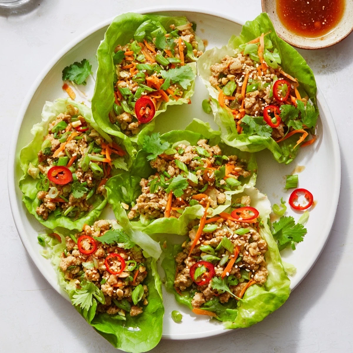 Close-up of Potsticker Chicken Lettuce Boats showing juicy chicken filling inside buttery green lettuce leaves.