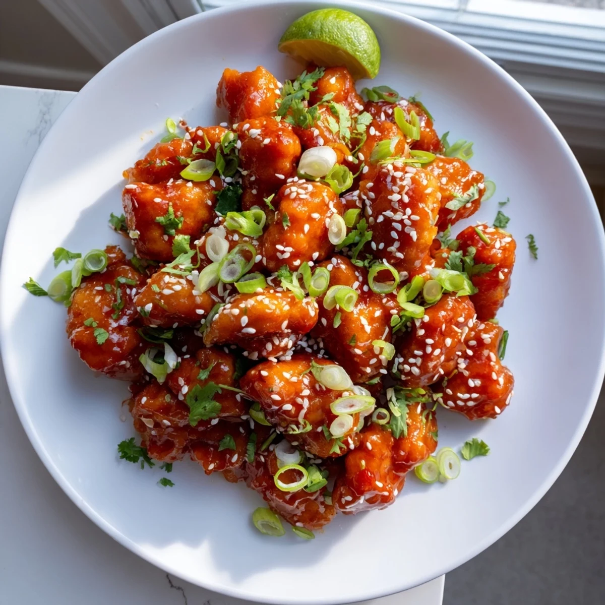 A close-up of Sweet and Spicy Thai Chicken topped with fresh cilantro and sesame seeds on a plate.