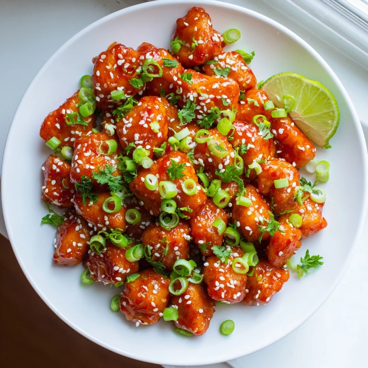 Tender pieces of Sweet and Spicy Thai Chicken glazed in a vibrant sauce served over fluffy jasmine rice.