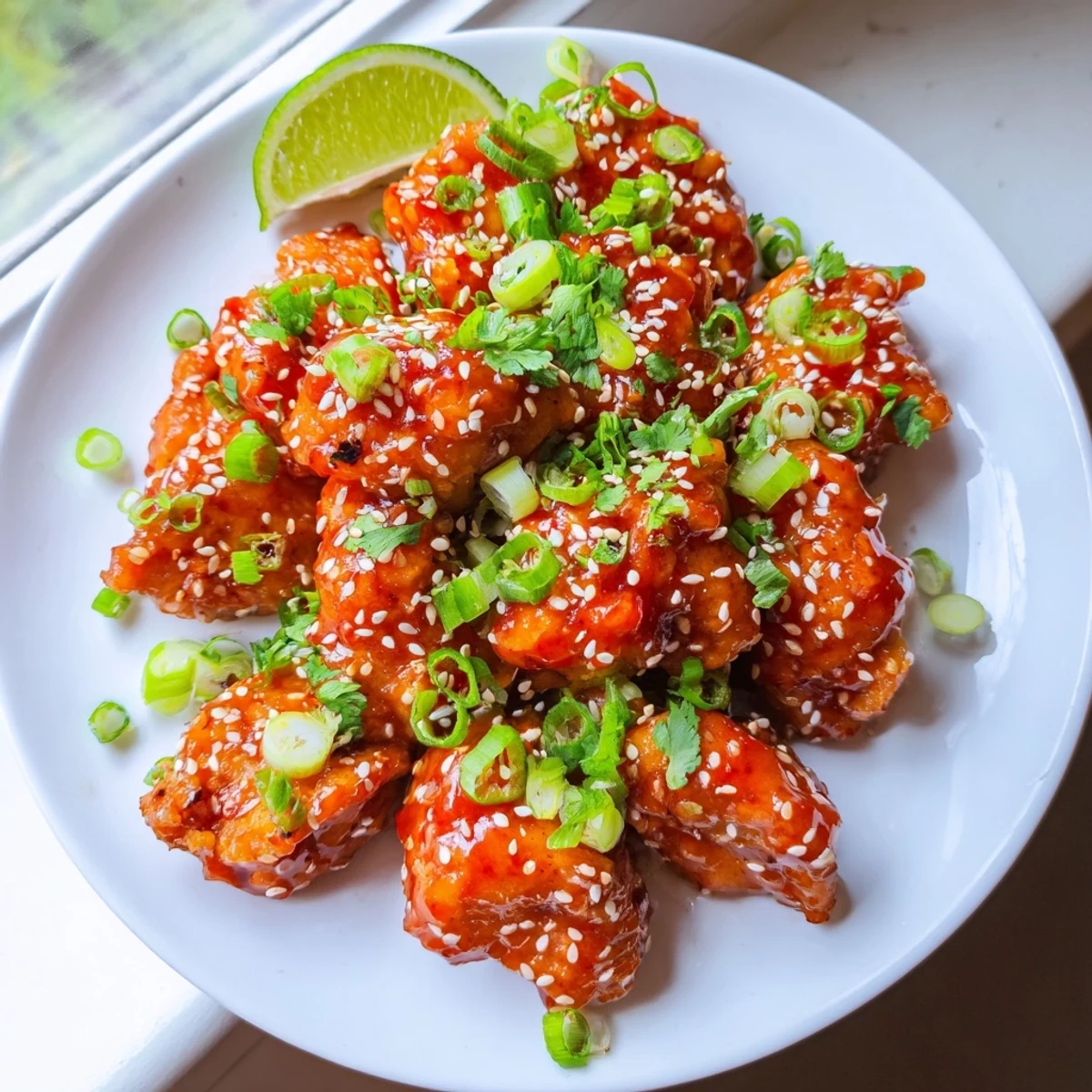 Golden glazed Sweet and Spicy Thai Chicken served with lime wedges and steamed rice for a quick dinner.