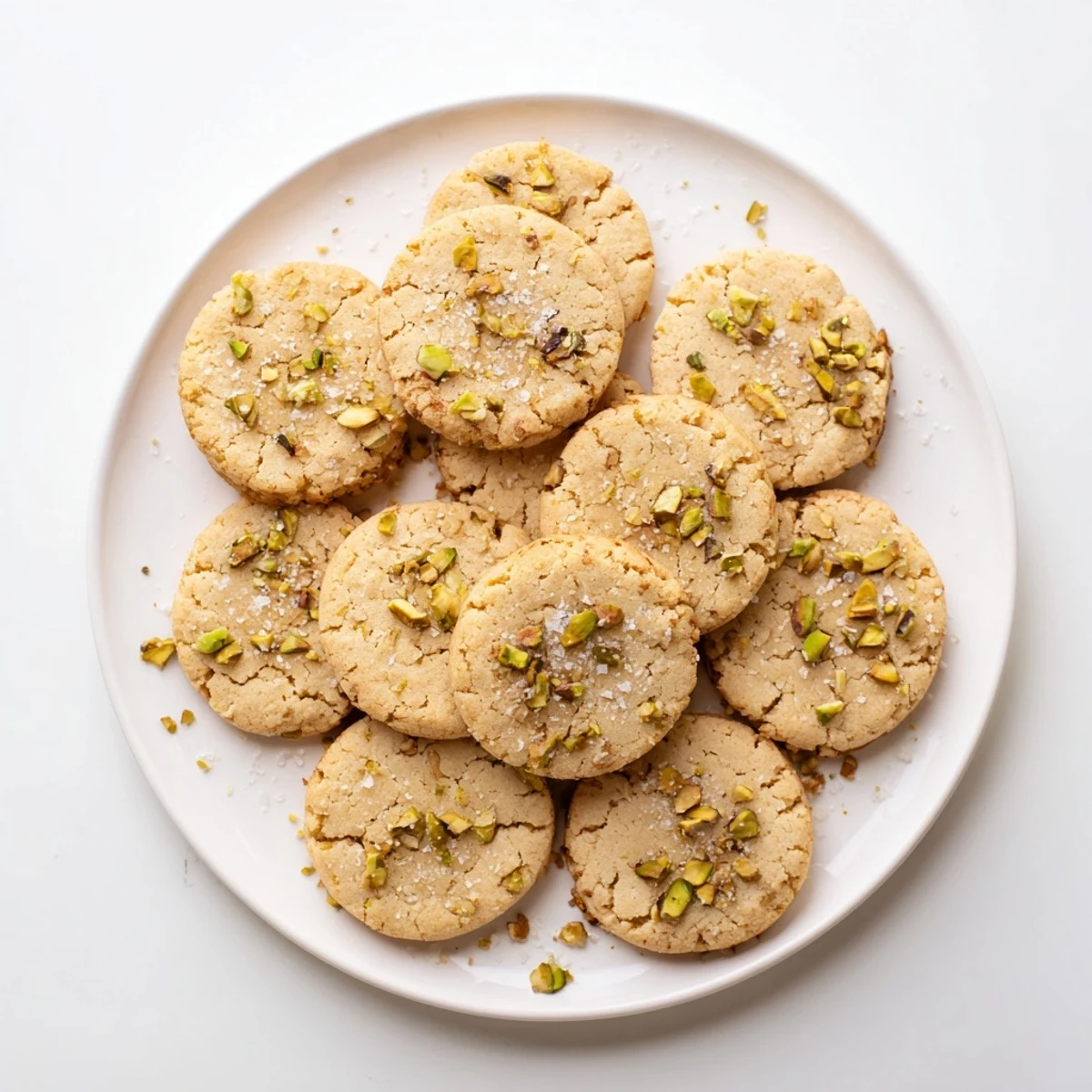 A close-up of Salted Honey Pistachio Cookies shows flaky sea salt sparkling on the chewy, golden surfaces with green nuts.