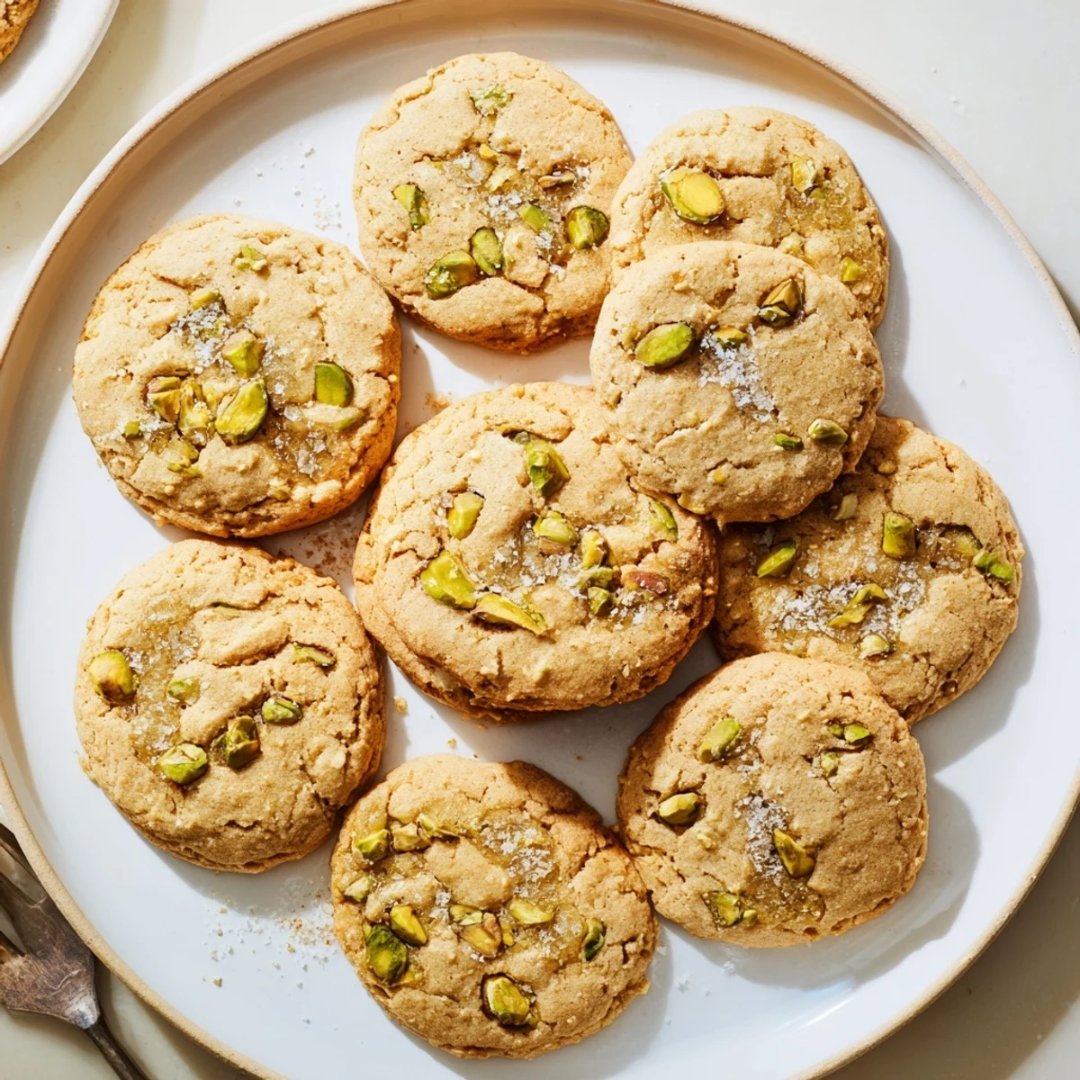Freshly baked Salted Honey Pistachio Cookies are stacked high on a cooling rack, perfect with a glass of cold milk.