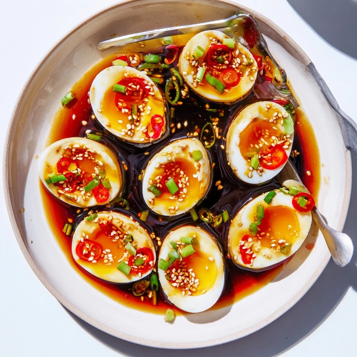 Six glossy Korean marinated eggs glistening in a sweet soy glaze, sliced in half to reveal creamy golden yolks, ready to serve over steamed rice.
