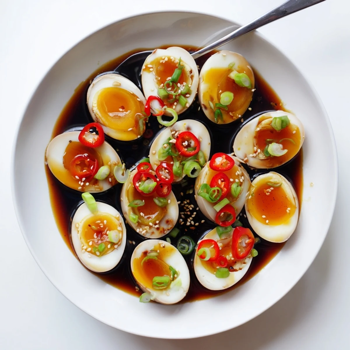 Two peeled Korean marinated eggs halved on a ceramic plate, drizzled with sesame oil marinade, accompanied by chopsticks for an easy, protein-packed side dish snack.