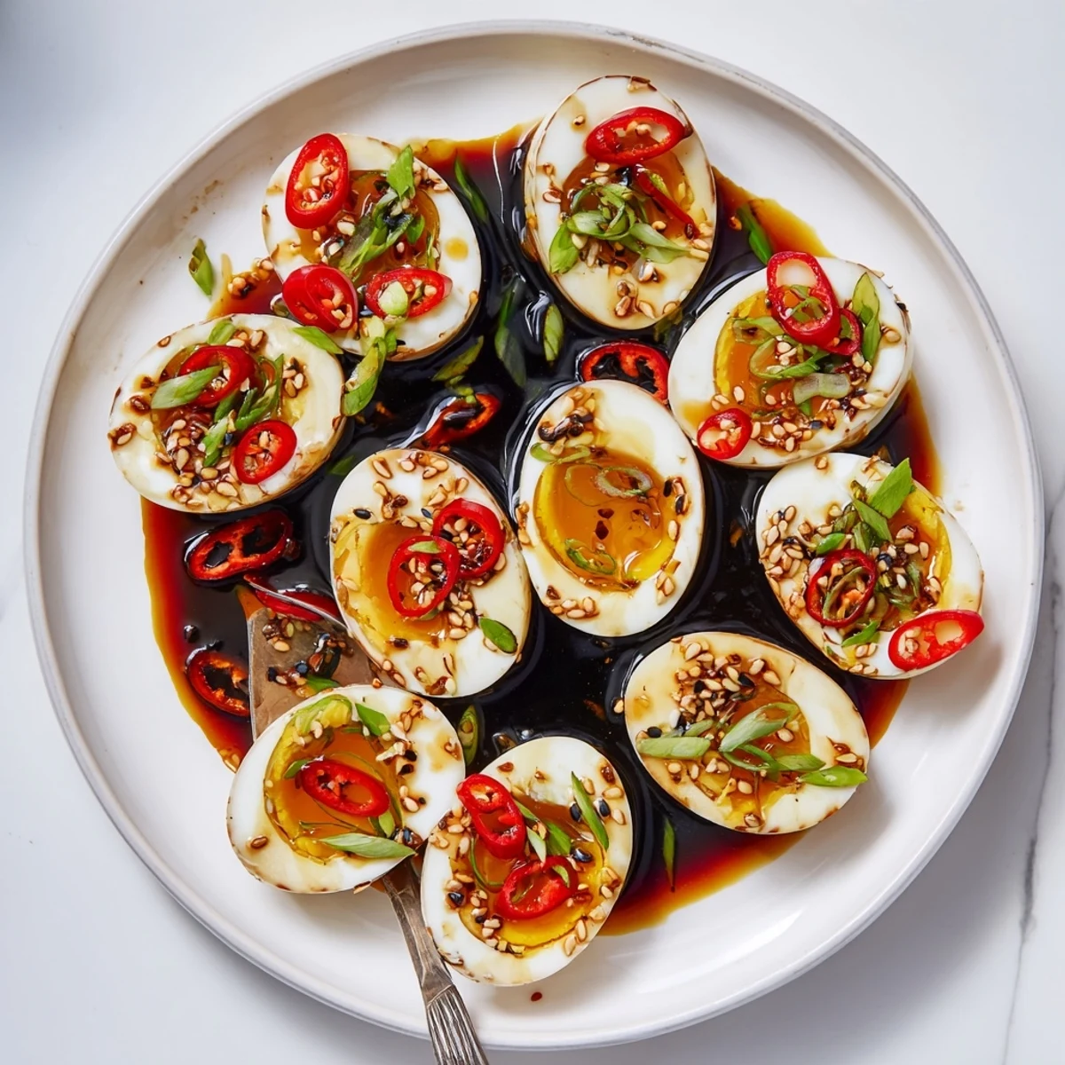 Savory Korean marinated eggs displayed in a glass dish with vibrant red and green chili slices, sesame seeds, and scallions, promising a tangy, umami-rich bite.