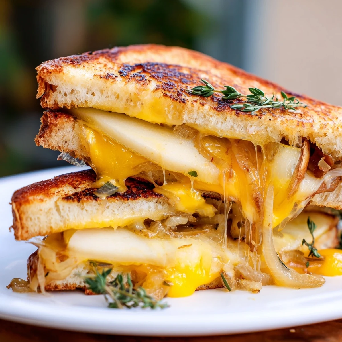 Golden-brown sourdough grilled cheese sandwich with melted cheddar, sweet pear and apple slices, and caramelized onions on a plate.