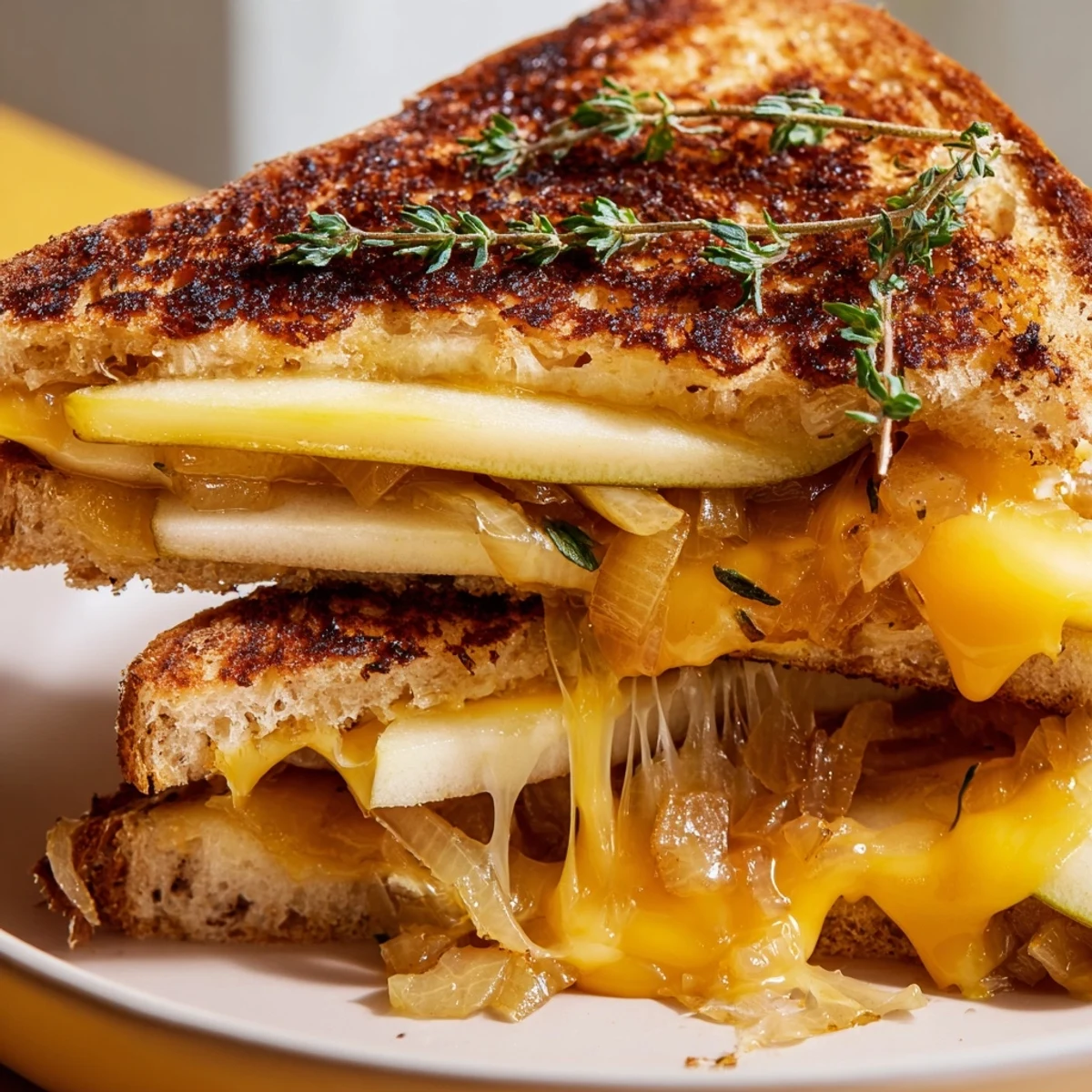 Close-up of a gourmet grilled cheese sandwich with cheddar, sliced pear, apple, and caramelized onions on toasted sourdough.