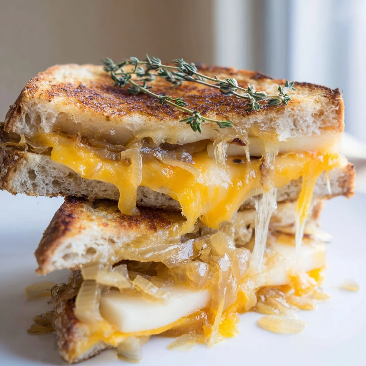 Grilled cheese sandwich halves show melted cheddar and layered pears, apples, and caramelized onions on buttery sourdough bread.