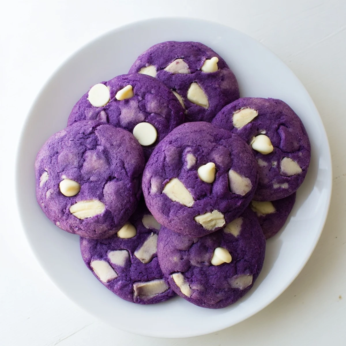 Freshly baked White Chocolate Ube Cookies with a vibrant purple hue and melty white chocolate chips.