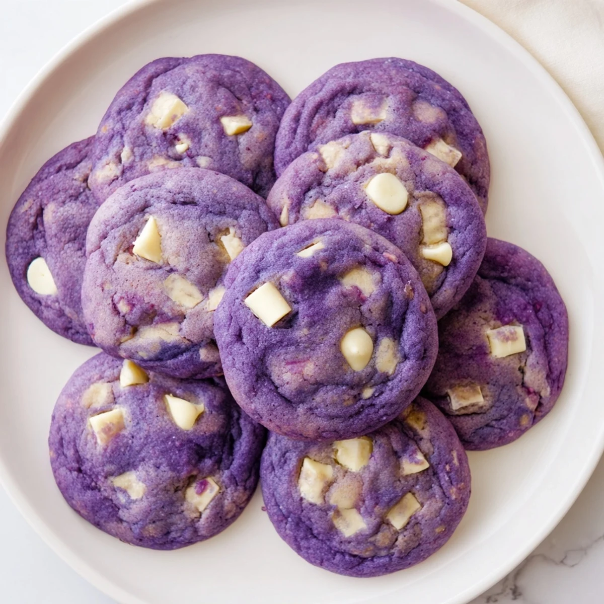 Warm White Chocolate Ube Cookies stacked on a plate, showcasing their soft, chewy texture and purple interior.