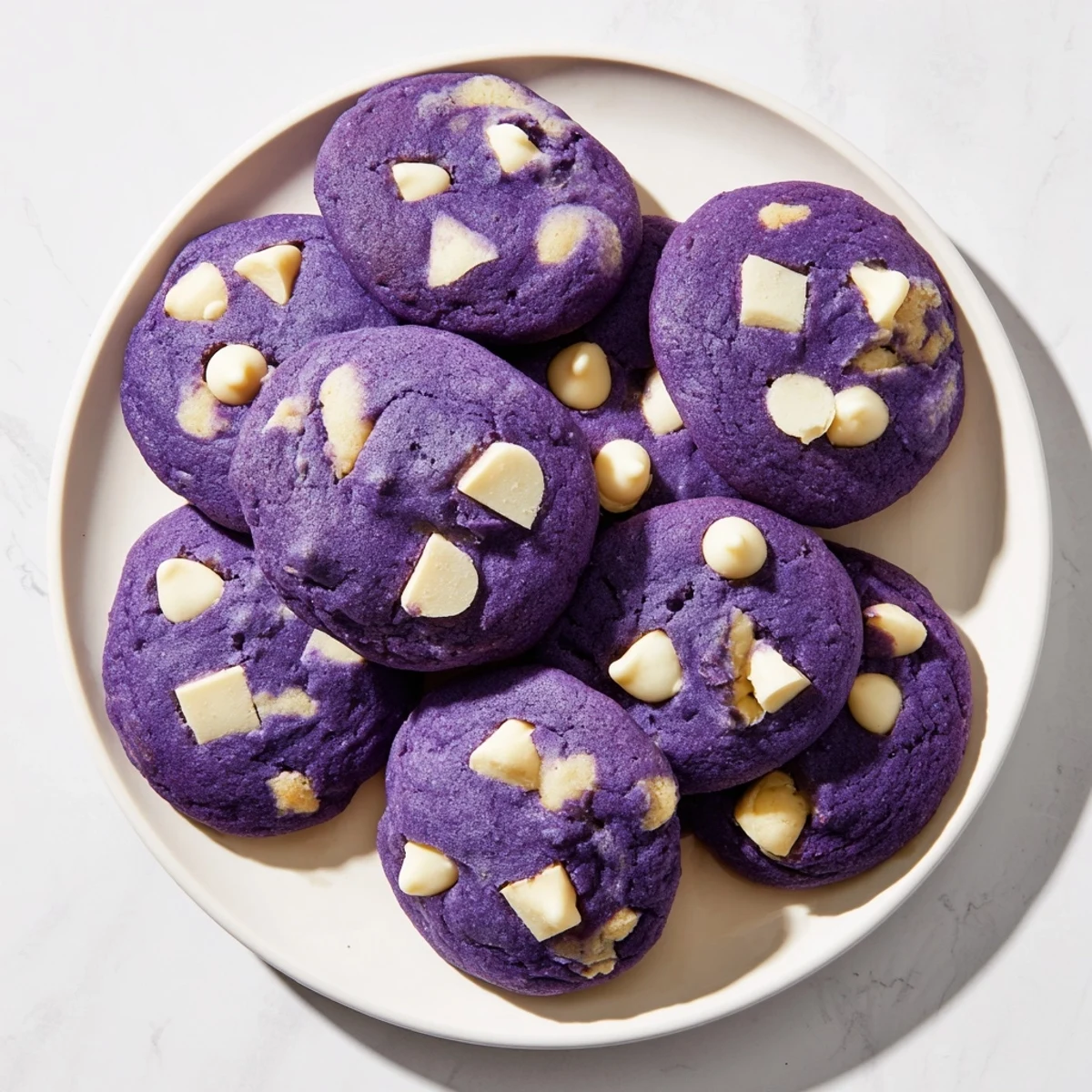 Golden White Chocolate Ube Cookies with creamy white chips and a sweet ube flavor ready to enjoy.