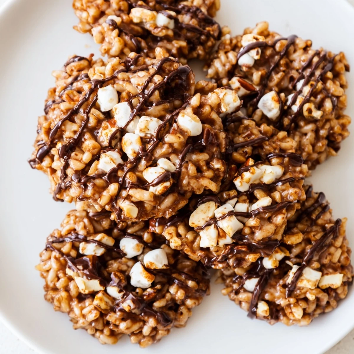 Golden brown No Bake Coffee Crunch Rice Krispie Cookies sit on a wire rack with a light chocolate drizzle.