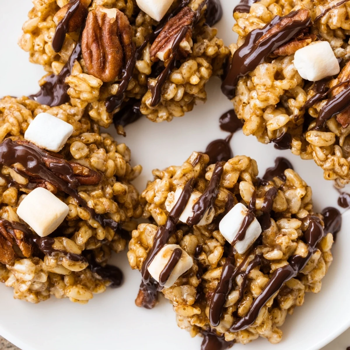 A close-up of a No Bake Coffee Crunch Rice Krispie Cookie shows a crispy texture and toasted pecans.