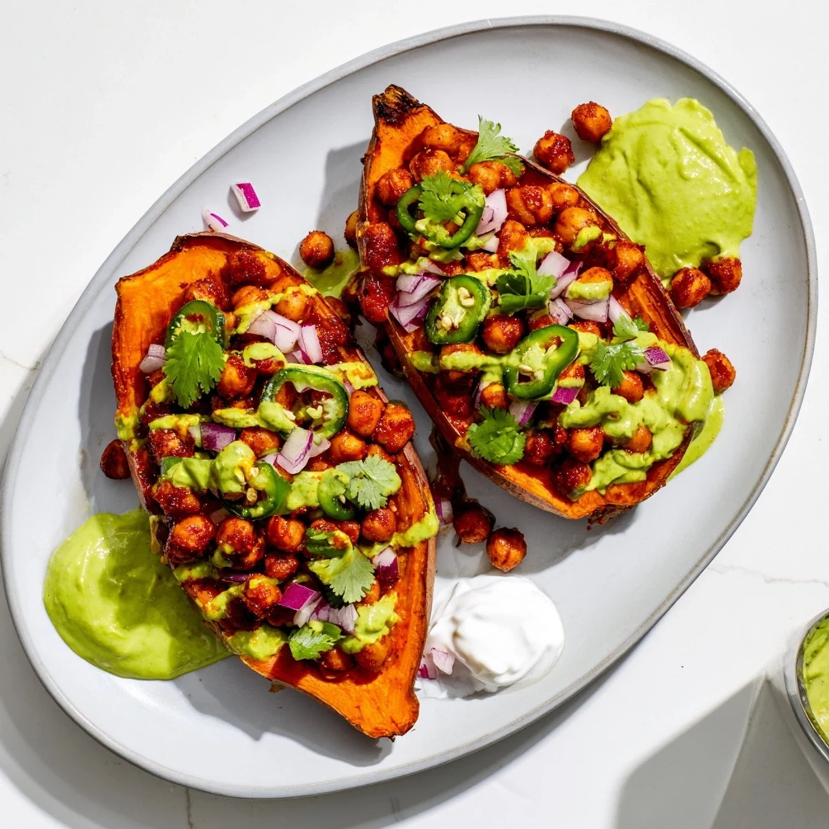 Golden roasted sweet potatoes split open, filled with smoky BBQ chickpeas and topped with creamy avocado-lime drizzle.