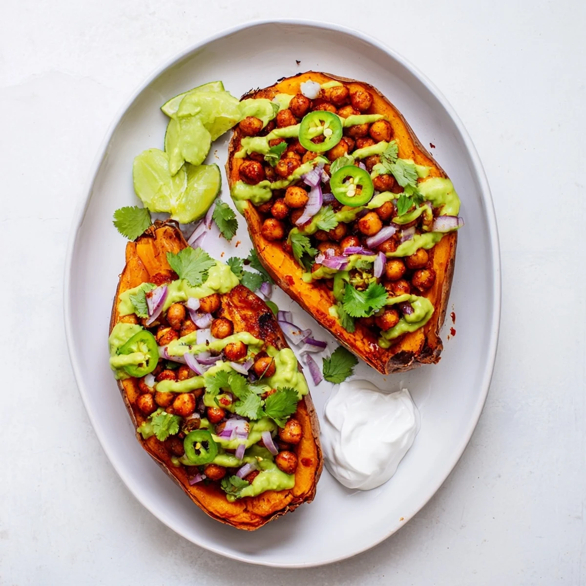 Sweet potatoes with smoky BBQ chickpeas and avocado-lime drizzle, garnished with red onion and cilantro for a fresh finish.
