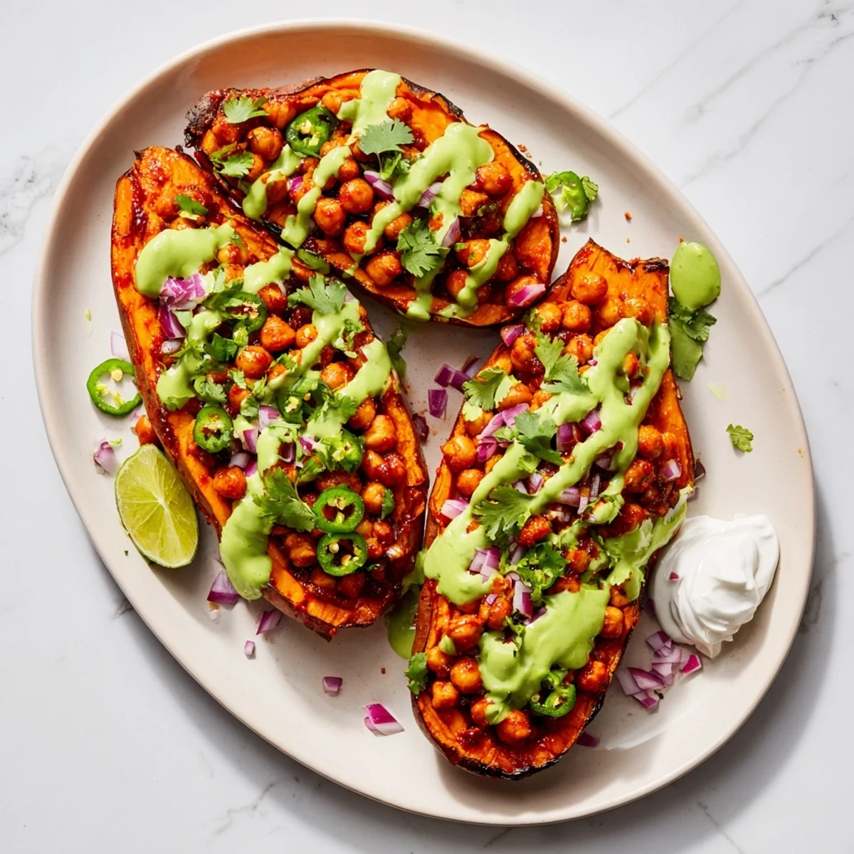 Fork-tender roasted sweet potatoes topped with BBQ chickpeas, avocado-lime sauce, jalapeños, and vegan sour cream for a hearty meal.