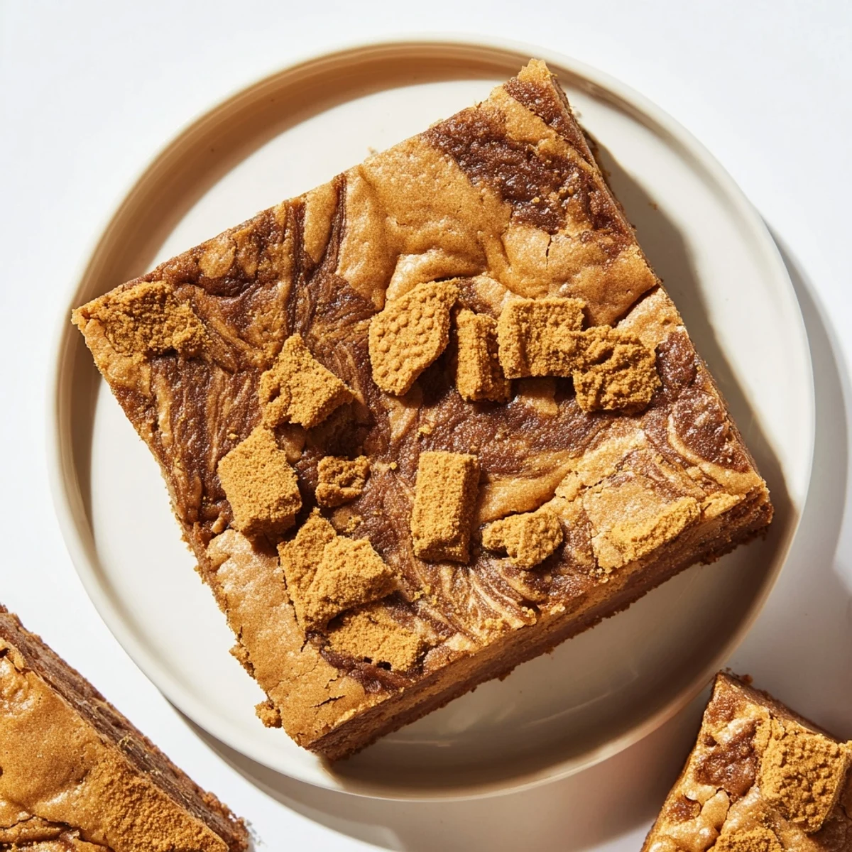 Warm, golden Brown Butter Biscoff Blondies with gooey swirls and crunchy cookie pieces on a baking sheet.
