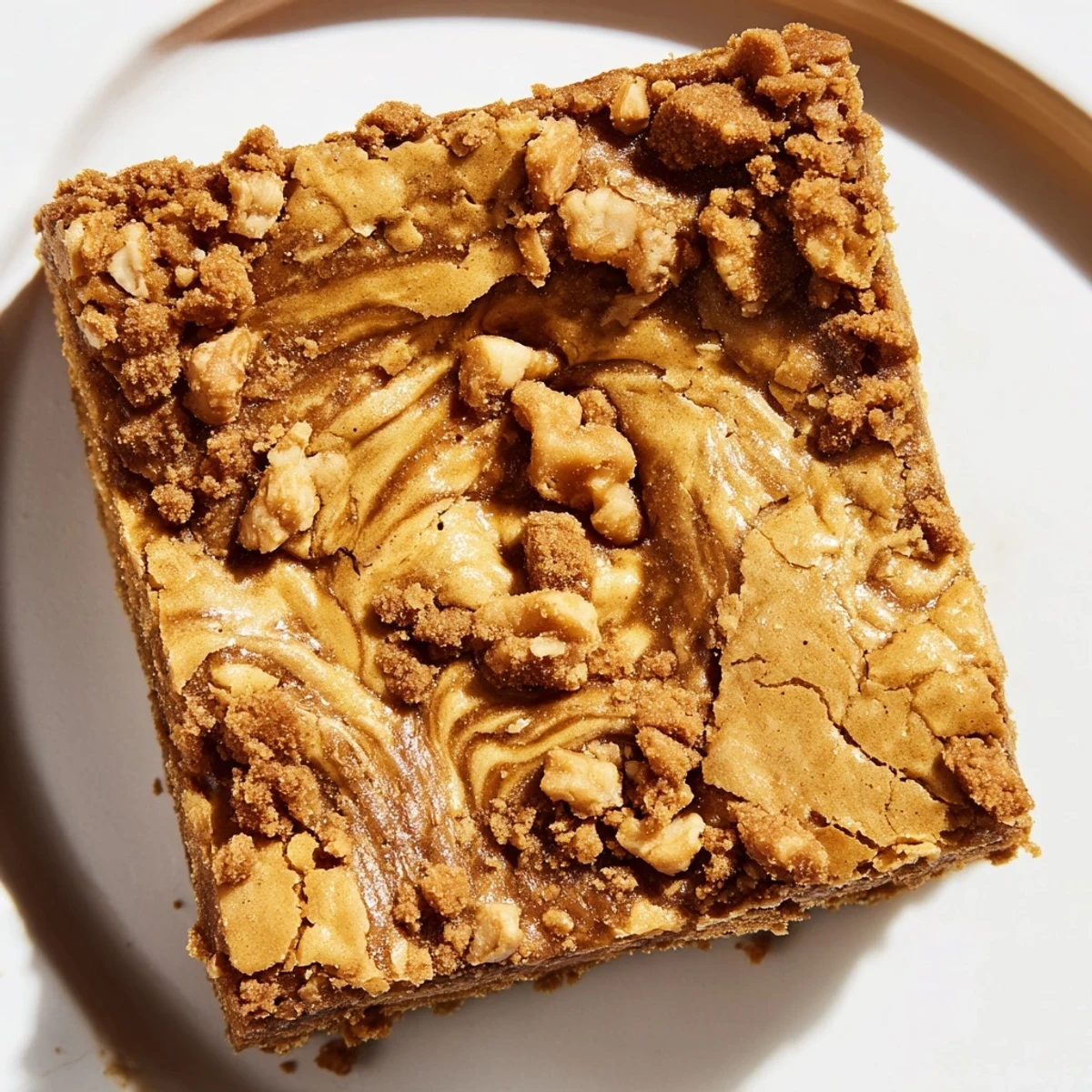 Stacked squares of Brown Butter Biscoff Blondies display their chewy texture and melted Biscoff swirls for serving.