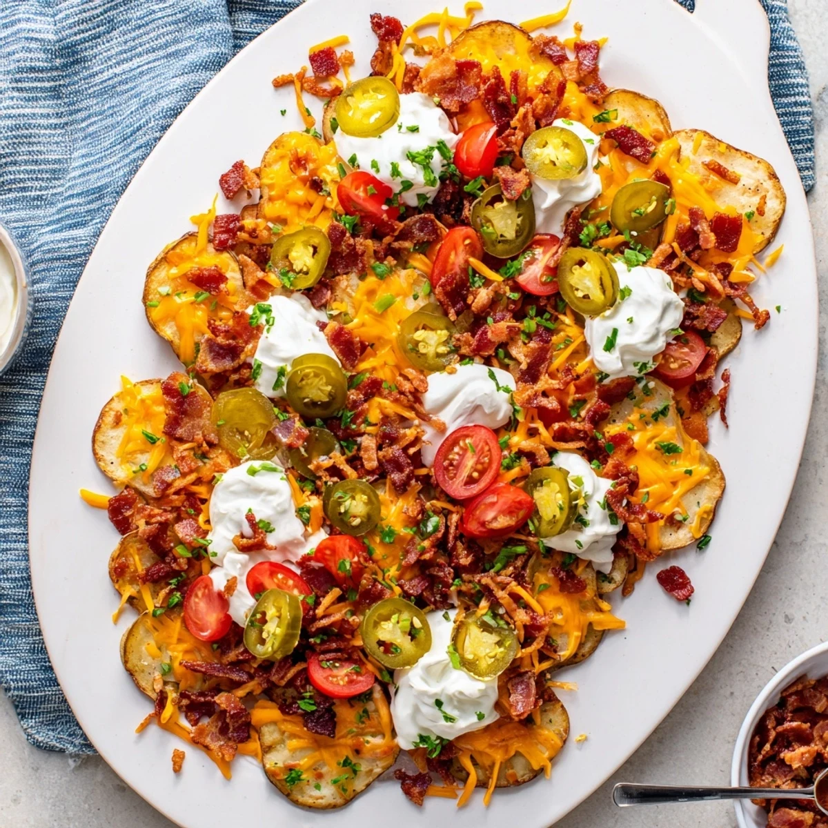Sizzling hot Irish Nachos straight from the oven, topped with sour cream, green onions, and diced tomatoes for a pub-style snack.