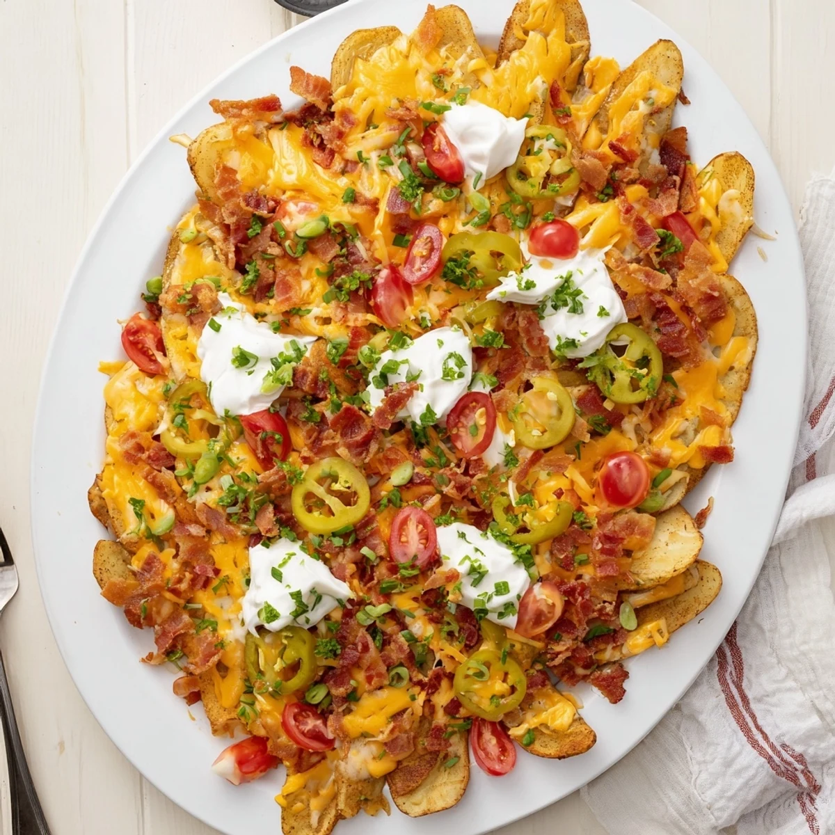Crispy golden potato slices loaded with melted cheddar, crumbled bacon, and fresh toppings for this irresistible Irish Nachos appetizer.