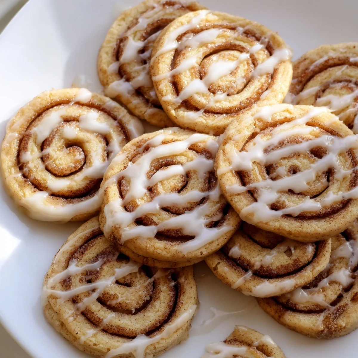 Golden-brown Cinnamon Roll Cookies on a wire rack with a smooth white vanilla glaze dripping down, showcasing a cozy dessert for coffee breaks.