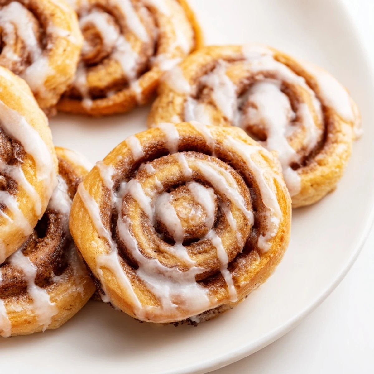 A close-up of Cinnamon Roll Cookies reveals swirled cinnamon sugar filling and a sweet glaze, perfect for serving with warm tea or milk.