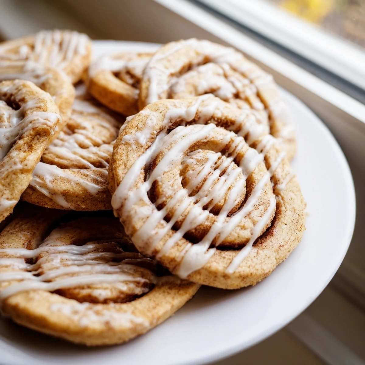 Freshly baked Cinnamon Roll Cookies arranged on a rustic wooden board, offering a soft, buttery treat that smells of warm cinnamon and vanilla.