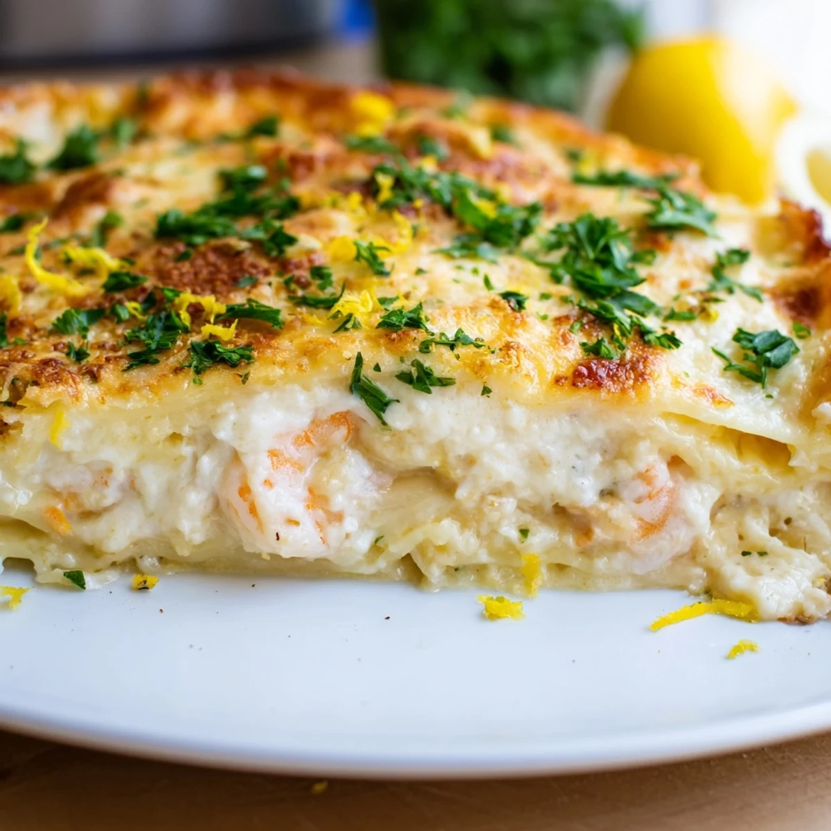Freshly baked Garlic Butter Shrimp Scampi Lasagna with bubbly mozzarella, golden edges, and succulent shrimp layers.