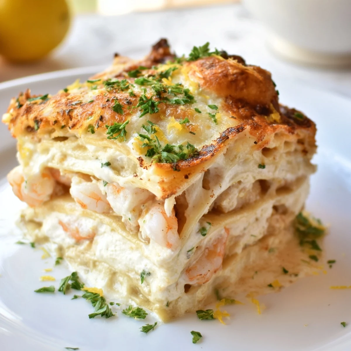 Close-up of Garlic Butter Shrimp Scampi Lasagna highlighting creamy ricotta, tender noodles, and garlic butter sauce.