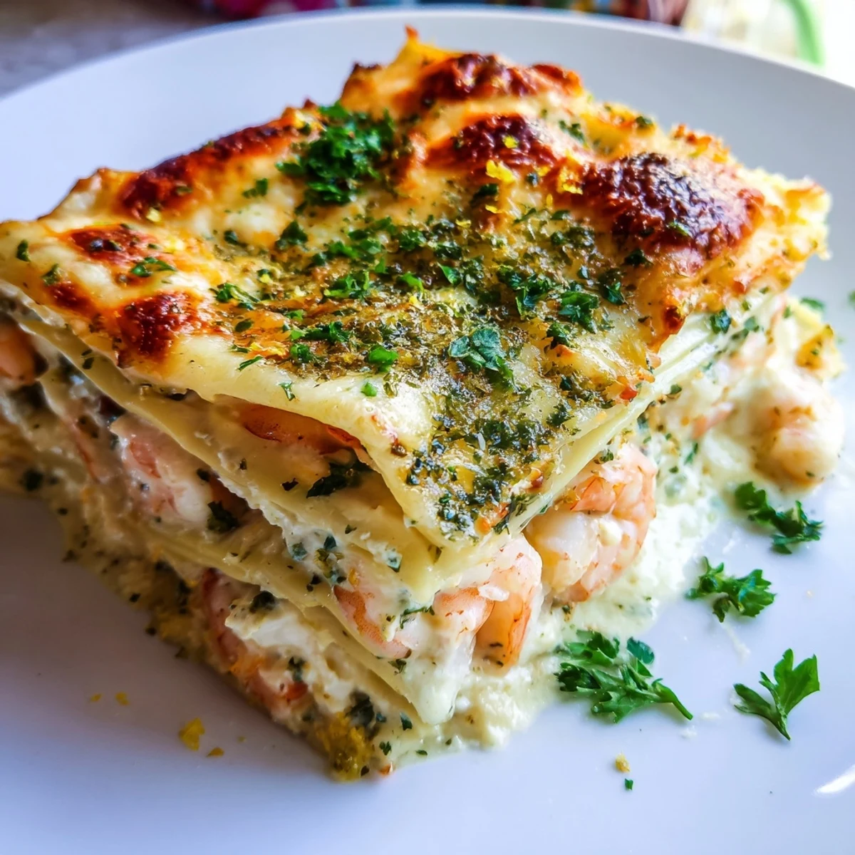 Garlic Butter Shrimp Scampi Lasagna served on a white plate with a side salad and lemon garnish.
