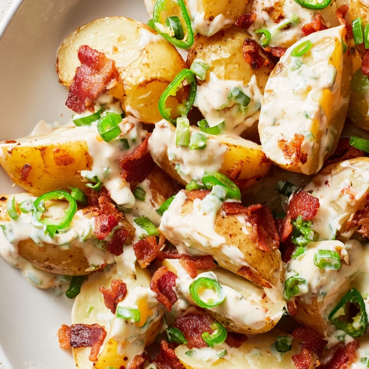 Golden roasted baby potatoes tossed in a creamy dressing with smoky bacon and diced jalapenos for this Jalapeno Popper Roasted Potato Salad.