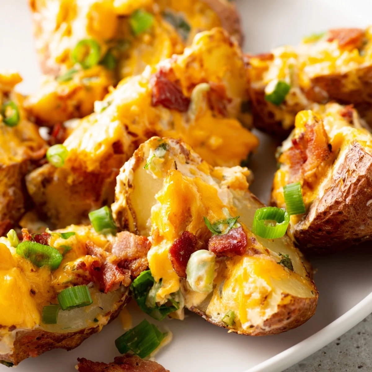Hearty Jalapeno Popper Roasted Potato Salad served warm with melted cheddar, crispy edges on potatoes, and fresh green onion garnish.
