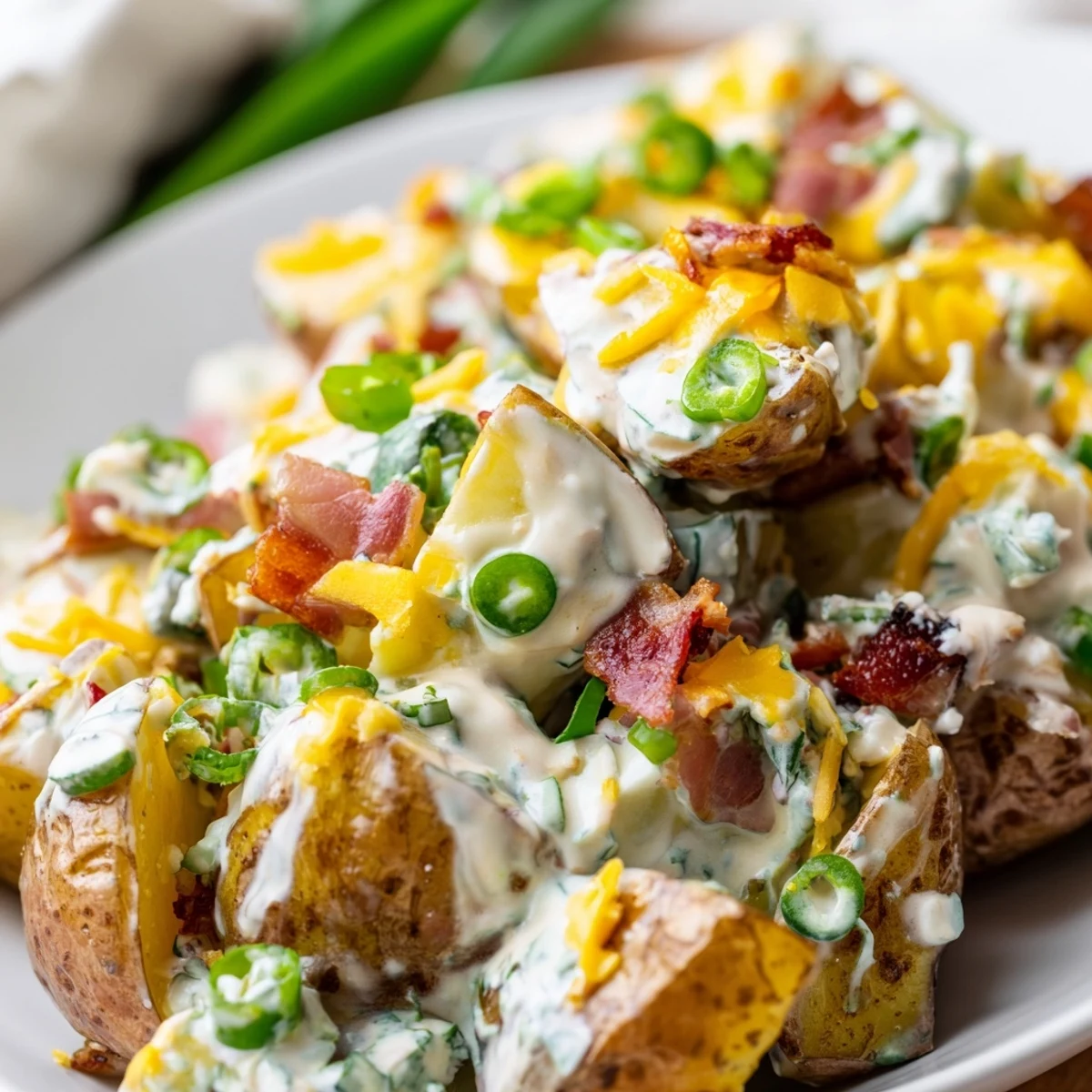 A tangy cream cheese dressing coats roasted potatoes in this Jalapeno Popper Roasted Potato Salad, perfect for summer barbecues.